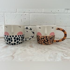 2 Anthropologie Fotini Tikkou Coffee Cup Mug Cheetah Spots Face - Set of 2